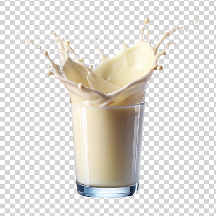 PSD vaso de leche con salpicaduras de moscas en el aire aisladas en un fondo transparente