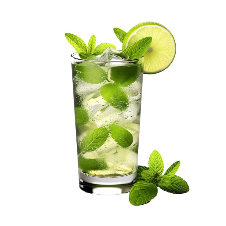 PSD un vaso de líquido con hielo y hojas de menta