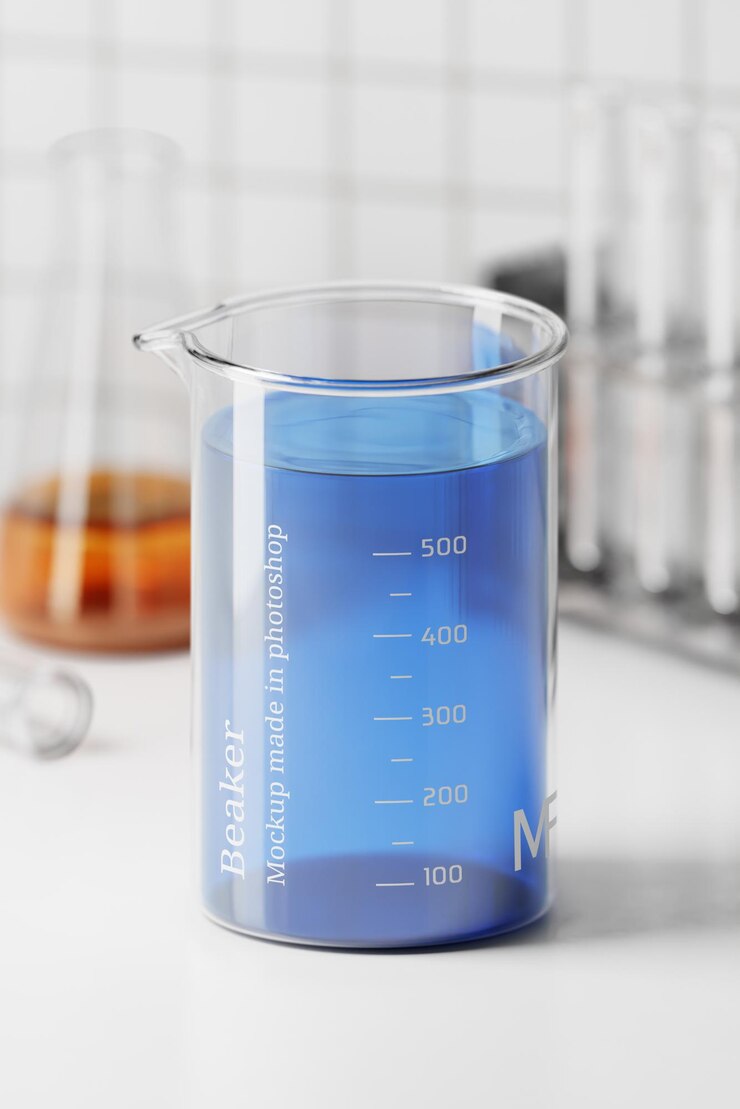 PSD vaso con maquetas líquidas con un telón de fondo de laboratorio