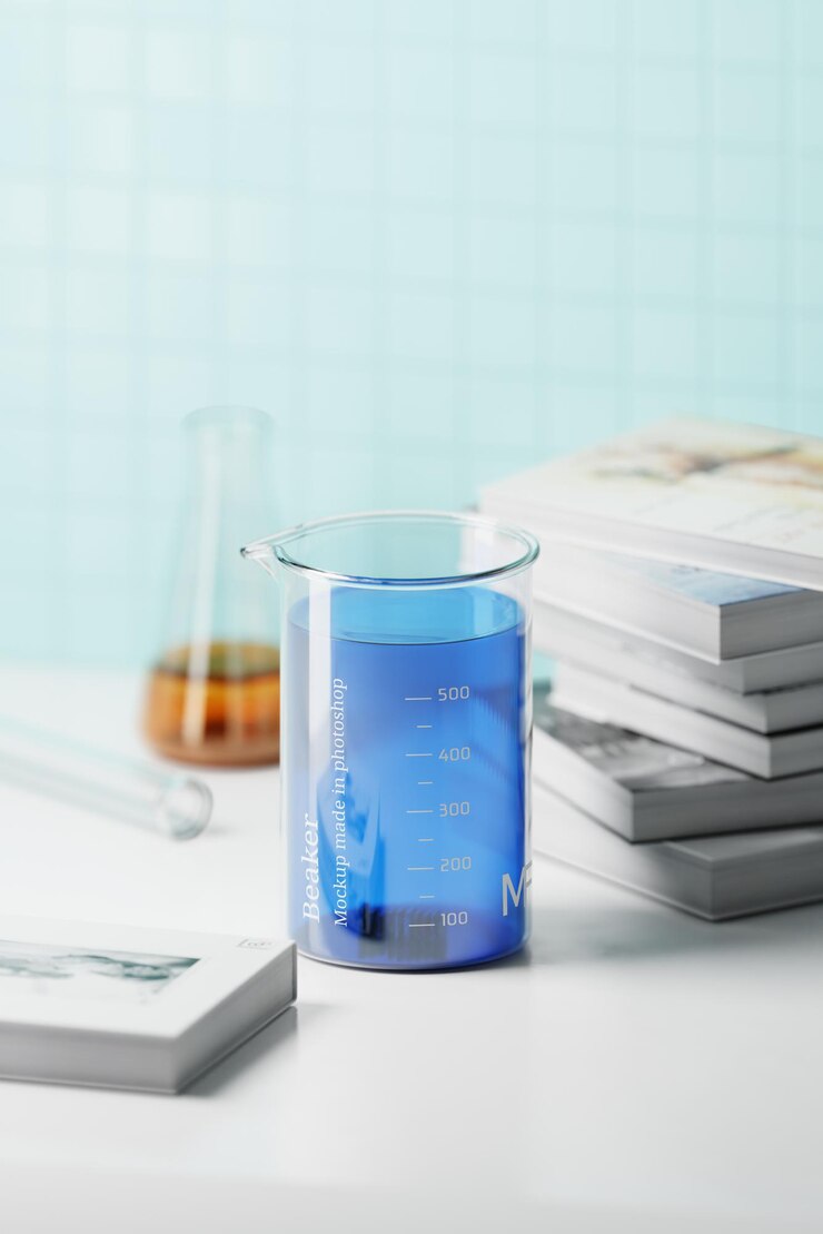 PSD vaso con maquetas líquidas con un telón de fondo de laboratorio