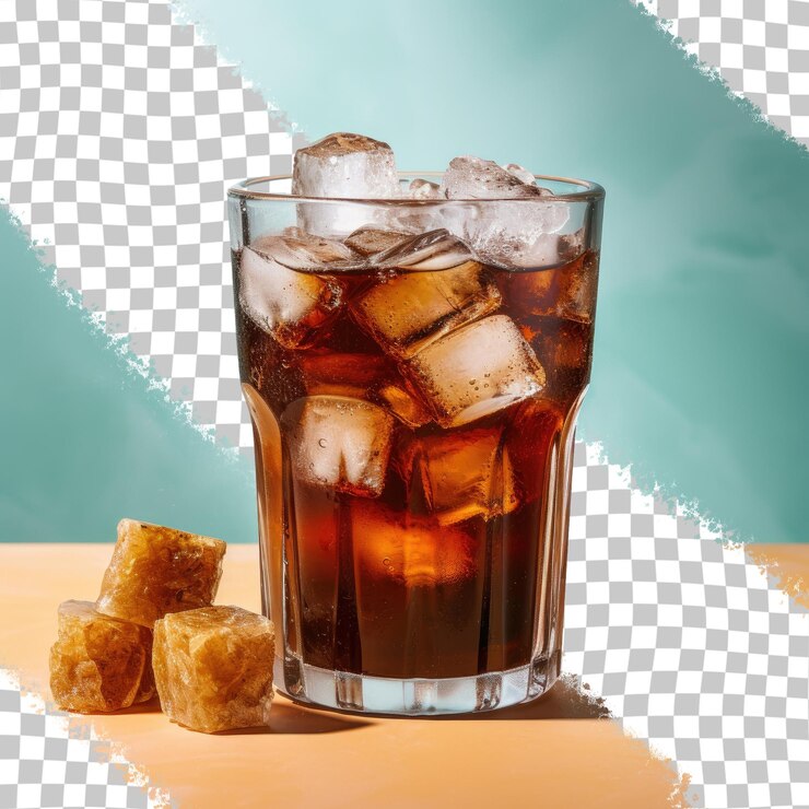 PSD vaso negro corto con fondo transparente de cola y hielo.