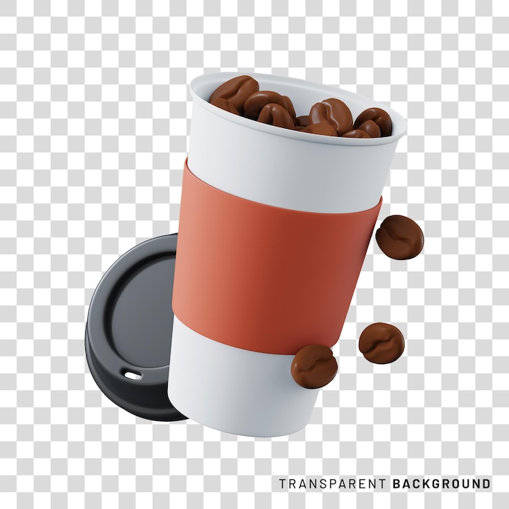 PSD vaso de papel abierto lleno de renderizado 3d de granos de café. maqueta de taza de café aislada