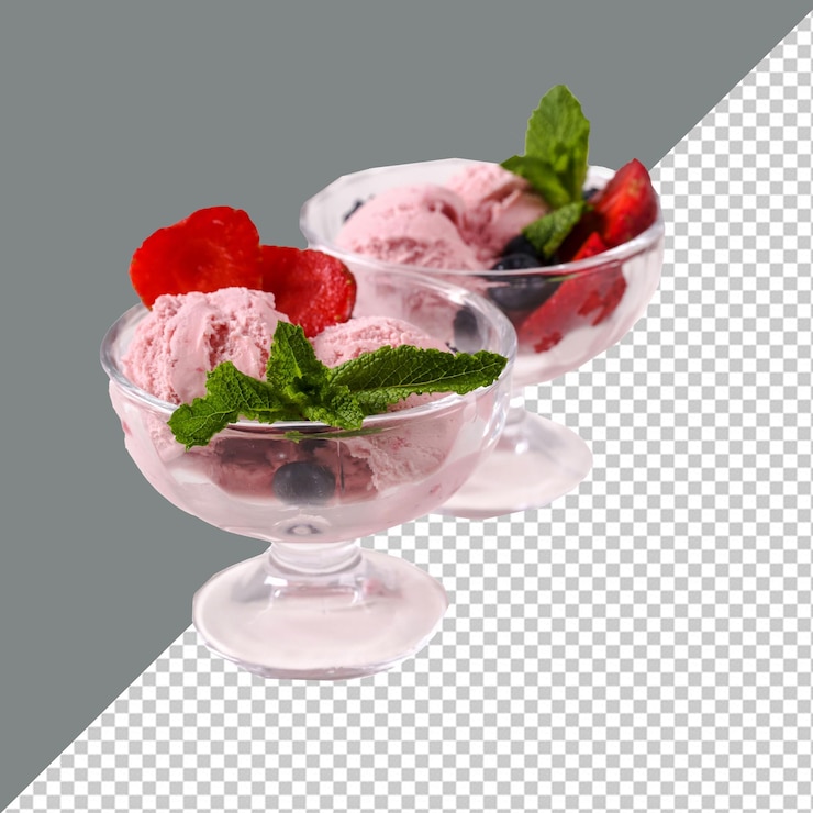 Vaso PSD de helado con bayas y una fresa en él con fondo transparente