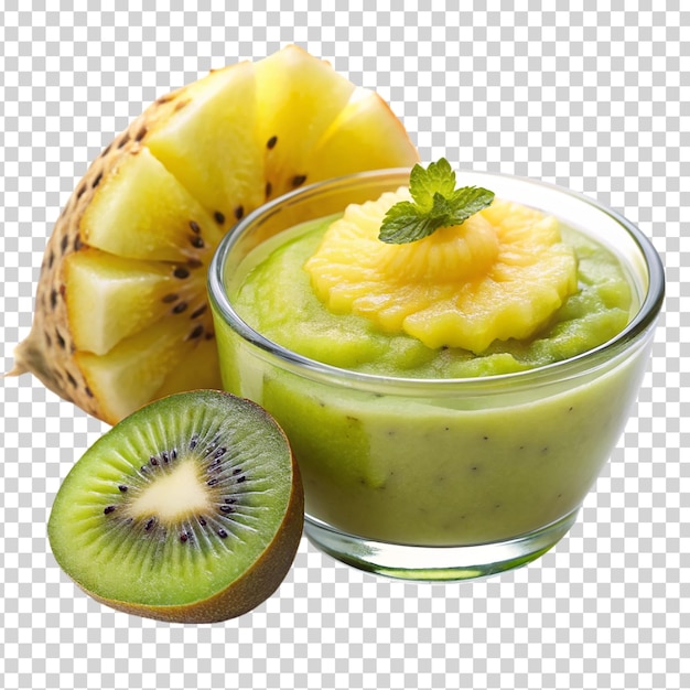 PSD un vaso de salsa de kiwi con un corte de kiwi en un fondo transparente