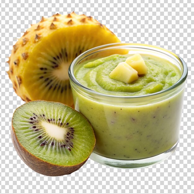 PSD un vaso de salsa de kiwi con un corte de kiwi en un fondo transparente