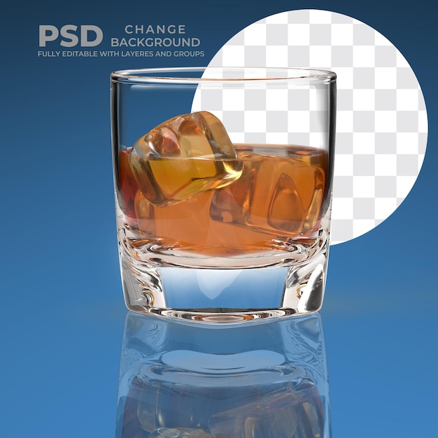 PSD un vaso de whisky con cubitos de hielo y un fondo azul.