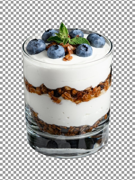 PSD vaso de yogur con arándanos y granola sobre fondo transparente