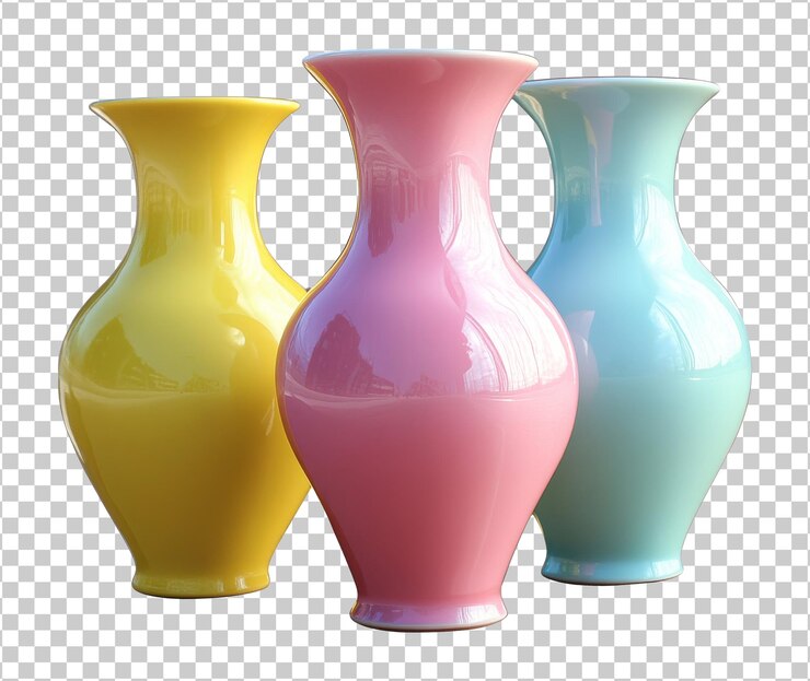 PSD vasos de cerámica de colores dispuestos en una fila transparente