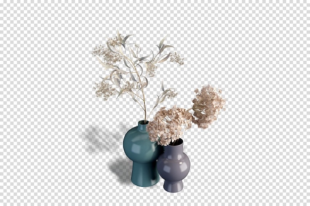 Vasos de flores secas em renderização 3D