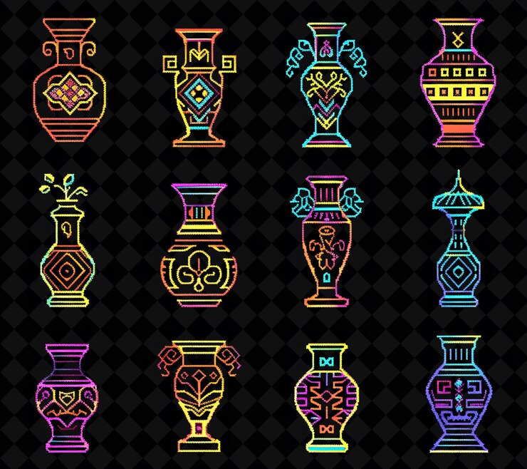 PSD vasos decorativos de 8 bits de píxeles con diseños intrincados y la colección única de diseños y2k de patt png