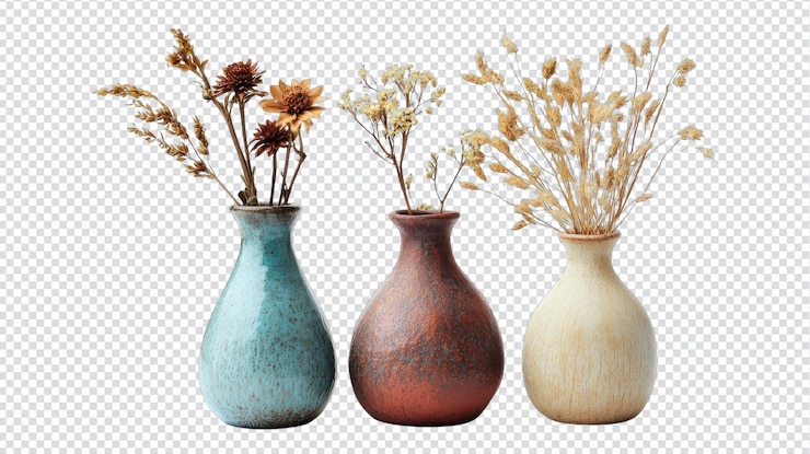 PSD vasos decorativos con flores secas dispuestos en un estilo contemporáneo sobre un fondo limpio ideales para la inspiración de la decoración del hogar