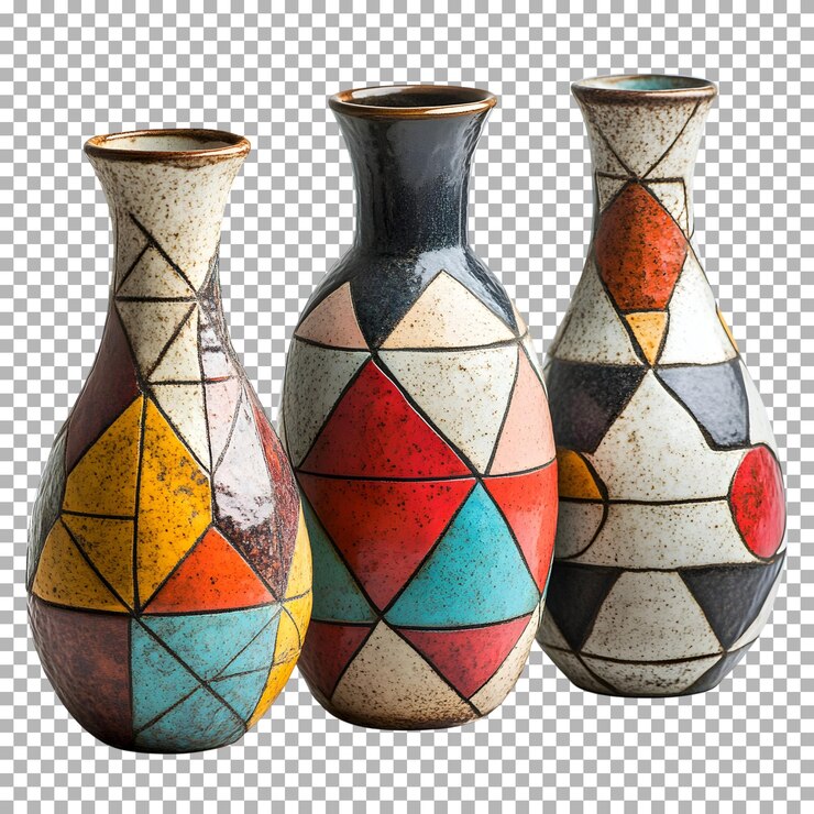 PSD vasos geométricos de cerámica aislados sobre un fondo transparente