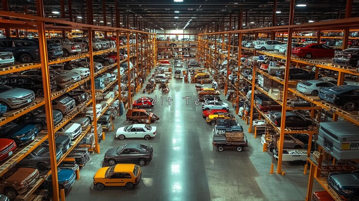 PSD un vasto almacén lleno de coches en estanterías de varios niveles