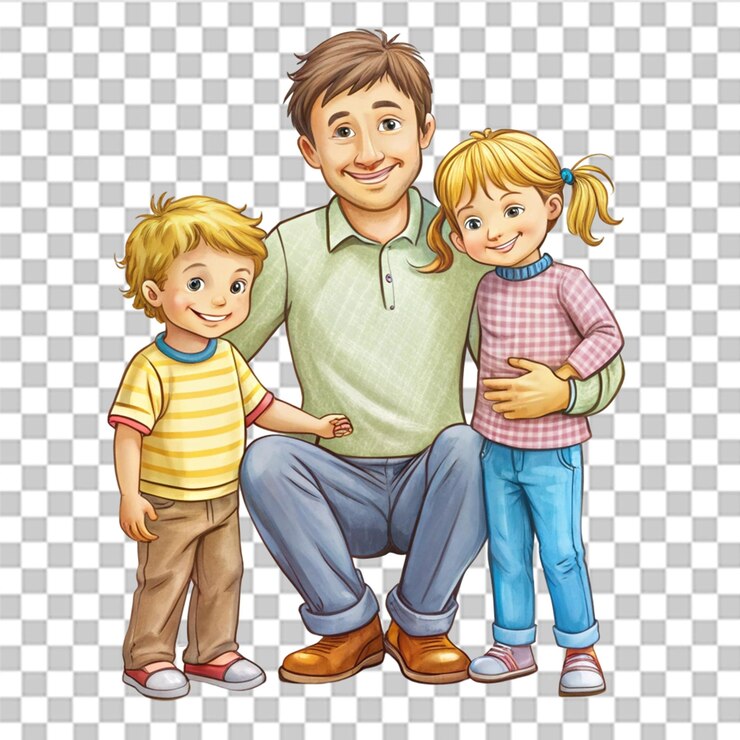 PSD vater mit kindern, illustration isoliert auf durchsichtigem hintergrund