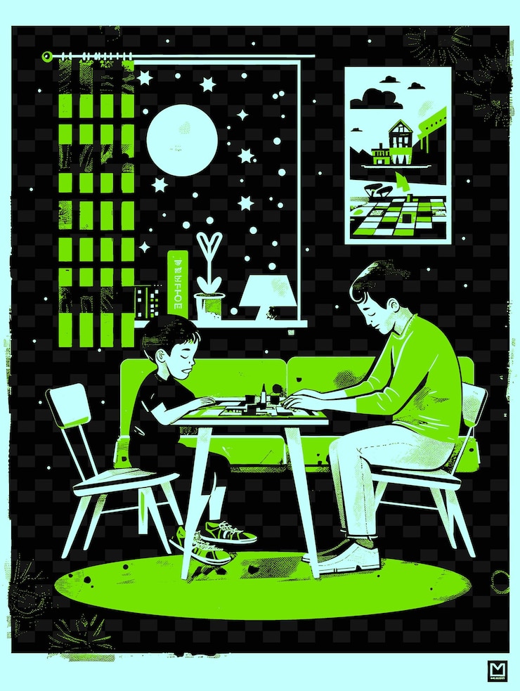 PSD vater und sohn spielen gemeinsam brettspiele im wohnzimmer png illustration art work designs