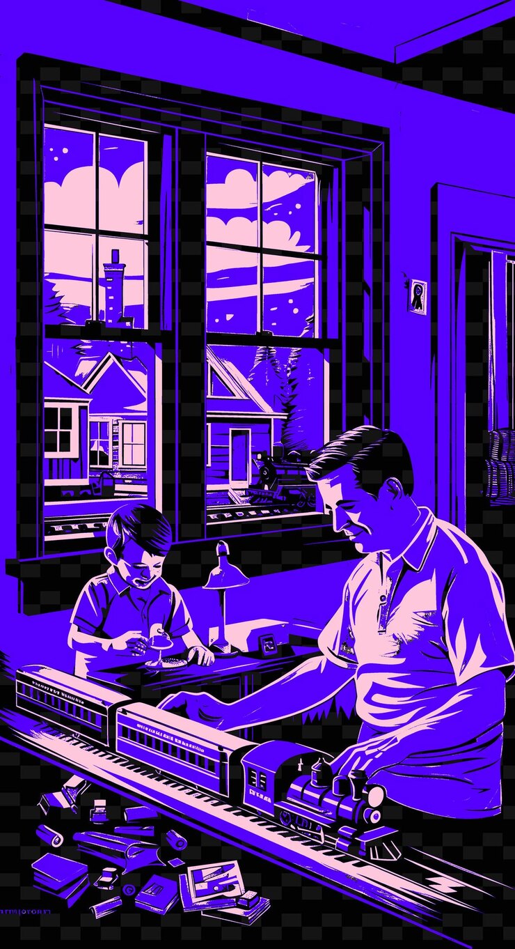 PSD vater und sohn spielen mit einem modellzug in einem raum mit einem v png illustration art work designs