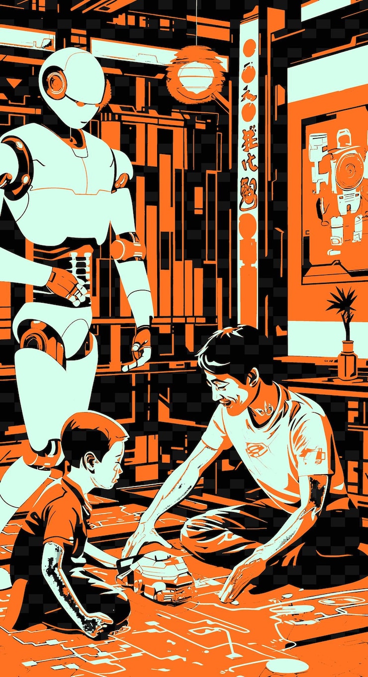 PSD vater und sohn spielen mit einem roboter in einem raum mit einem futuris png illustration art work designs