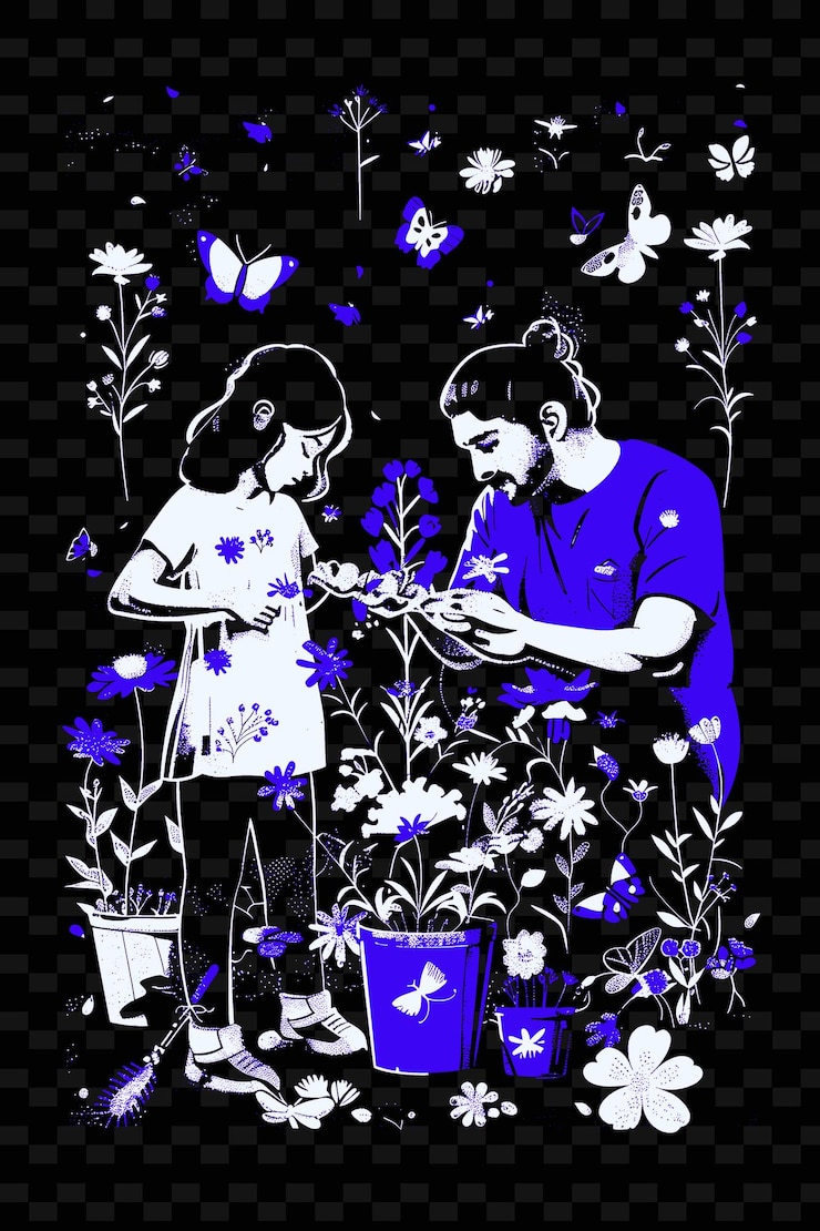 PSD vater und tochter im garten mit blumen und png-illustrationen