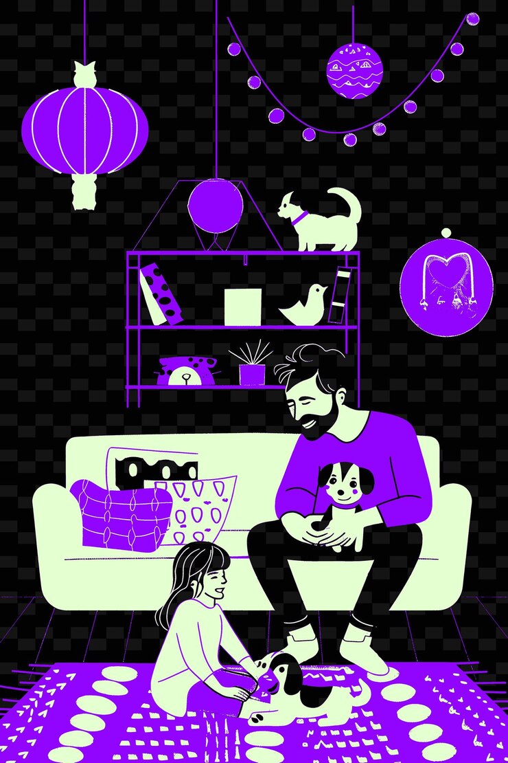 PSD vater und tochter spielen mit einem welpen im wohnzimmer wi png illustration art work designs