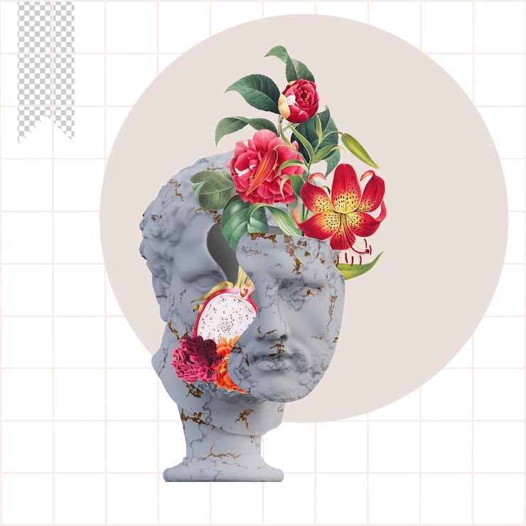 PSD vatican apoxyomenos estátuas 3d render colagem com composições de pétalas de flores para o seu trabalho