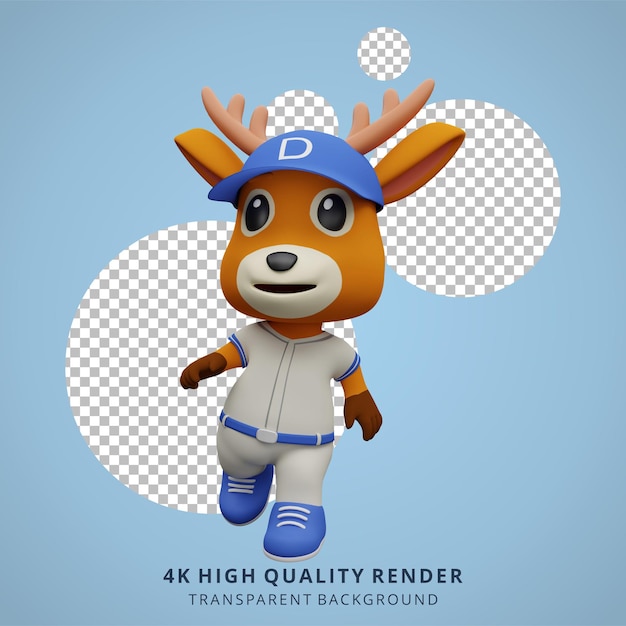 Veado fofo jogando beisebol ilustração de personagem animal em 3d