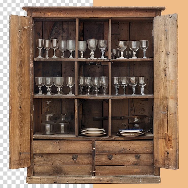 PSD vecchio armadio di legno per bicchieri e piatti png isolato su sfondo trasparente