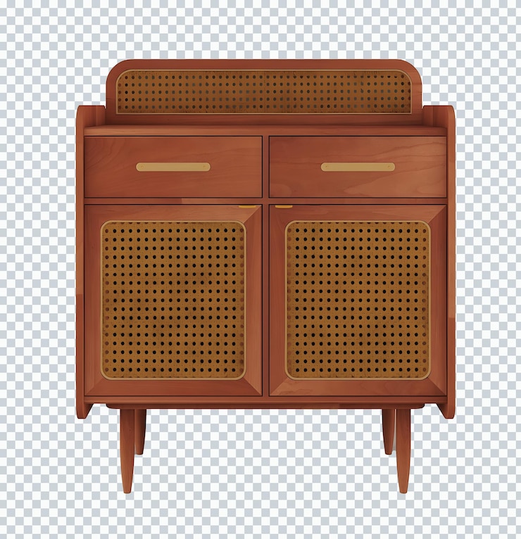PSD vecchio armadio vintage retrò in legno e rattan. trasparente