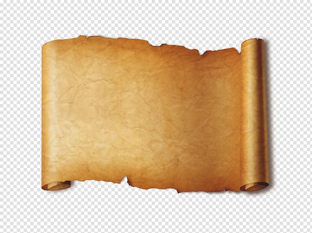 Vecchio foglio di carta medievale Rotolo di pergamena orizzontale isolato su bianco con ombra