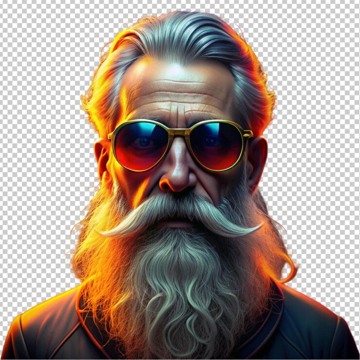 vecchio hipster elegante con occhiali da sole a specchio arancione sullo sfondo trasparente