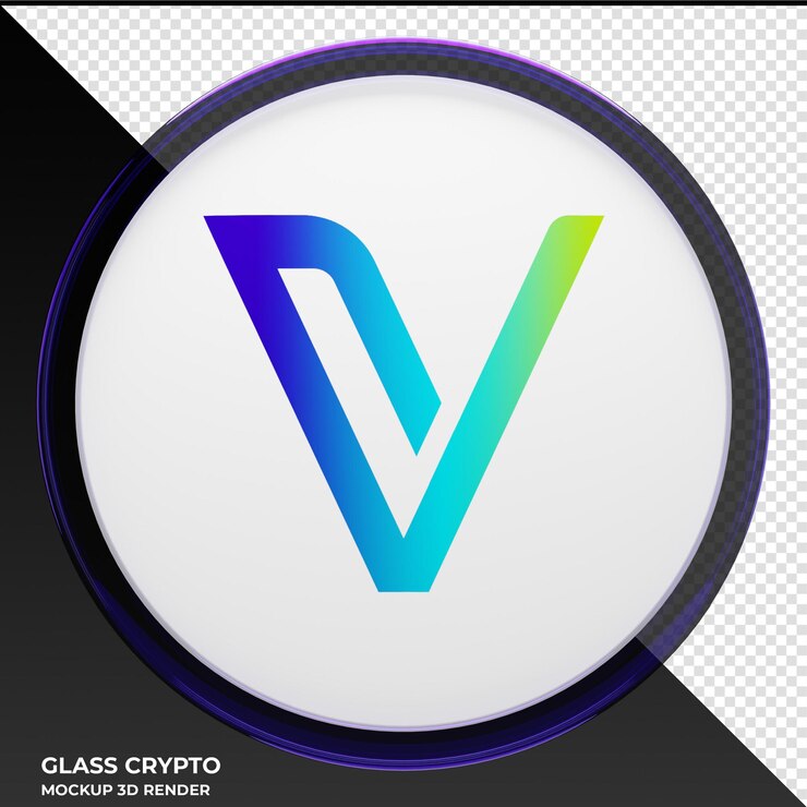PSD vechain vet glass crypto coin ilustración 3d