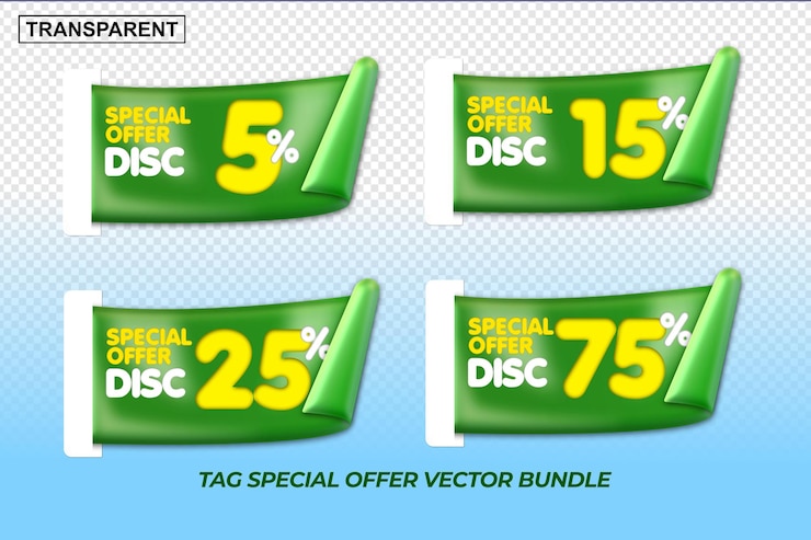 PSD vecteur tag vente remise 5,15,25,75 pourcentage prix flashsale vert, jaune, blanc couleurs