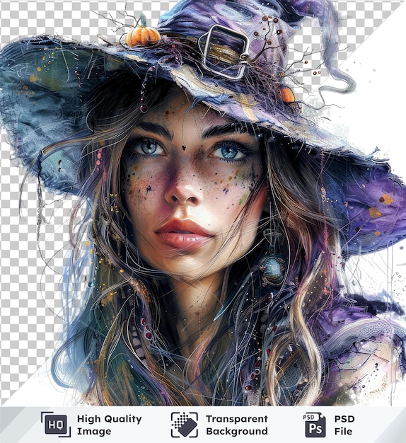 PSD vector bruxa halloween retrato mulher com olhos azuis e chapéu em fundo transparente com