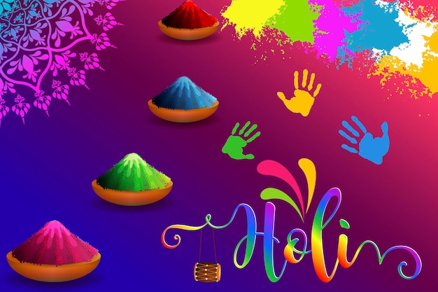 PSD vector coloré gulaal poudre couleur festival indien pour la carte holi heureuse avec des motifs en or