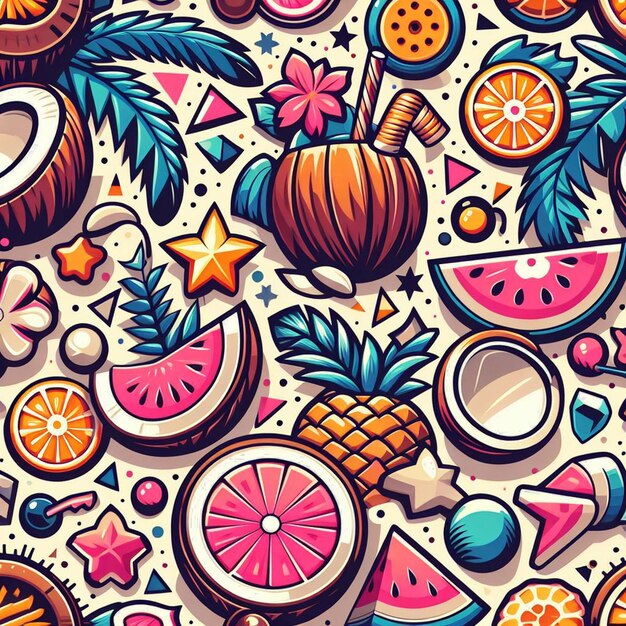 PSD vector de colores tropicales hiperrealistas sin costuras tela de textura de patrón palmera de frutas de coco