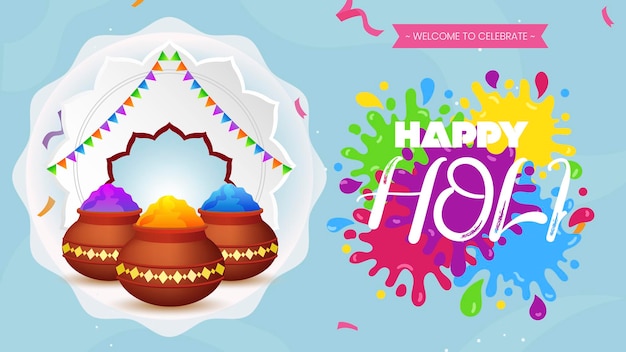 Vector colorido gulaal pó cor festival indiano para feliz holi cartão com padrão de ouro