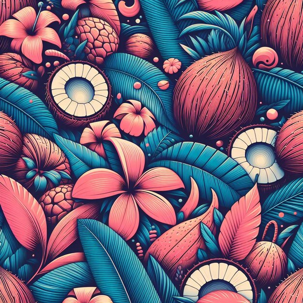 PSD vector de couleurs tropicales hyperréalistes sans couture fabric de texture de motif palmeraie de fruits de noix de coco