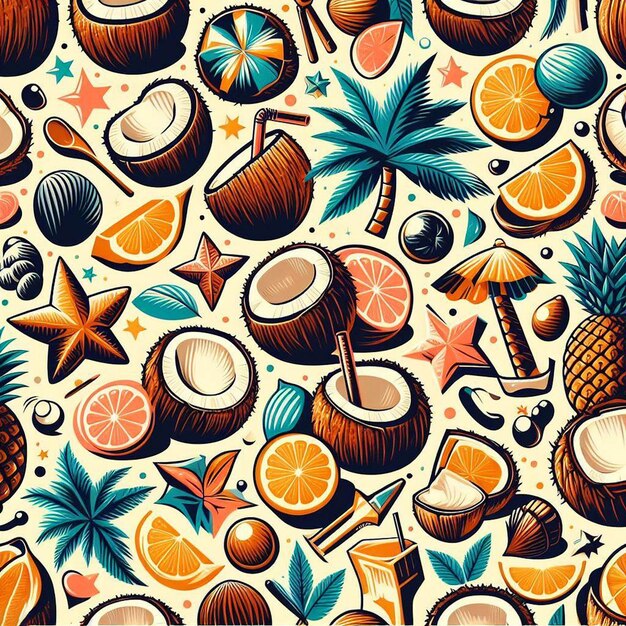 PSD vector de couleurs tropicales hyperréalistes sans couture fabric de texture de motif palmeraie de fruits de noix de coco