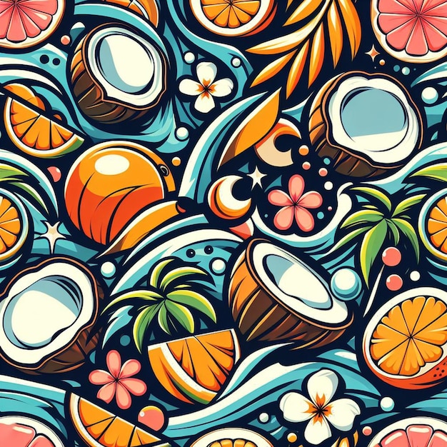 PSD vector de couleurs tropicales hyperréalistes sans couture fabric de texture de motif palmeraie de fruits de noix de coco