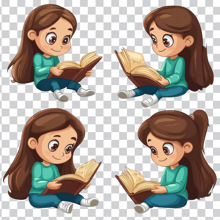 PSD vector de desenho animado de menina lendo um livro fundo transparente
