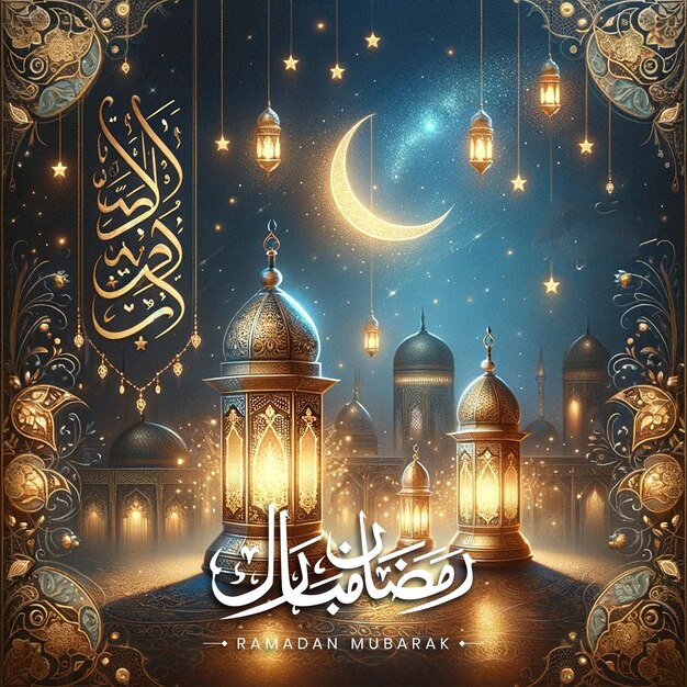 PSD vector de luxo livre saudação realista ramadan kareem mubarak árabe ramazan banner post caligrafia