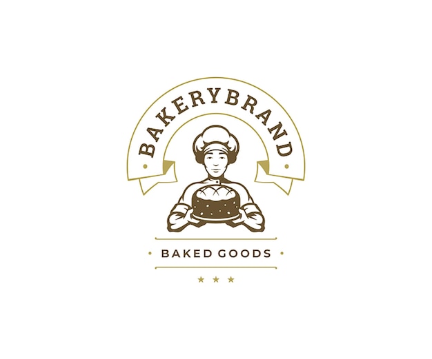 Vector de diseño de plantilla de logotipo de confitería vintage de pastel de pastel de pan cocido fresco de chef masculino