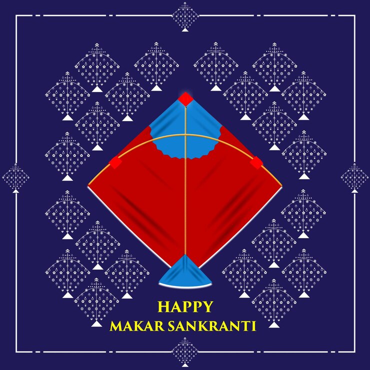 PSD vector feliz makar sankranti tipo rojo cometa grande con cometas pequeños