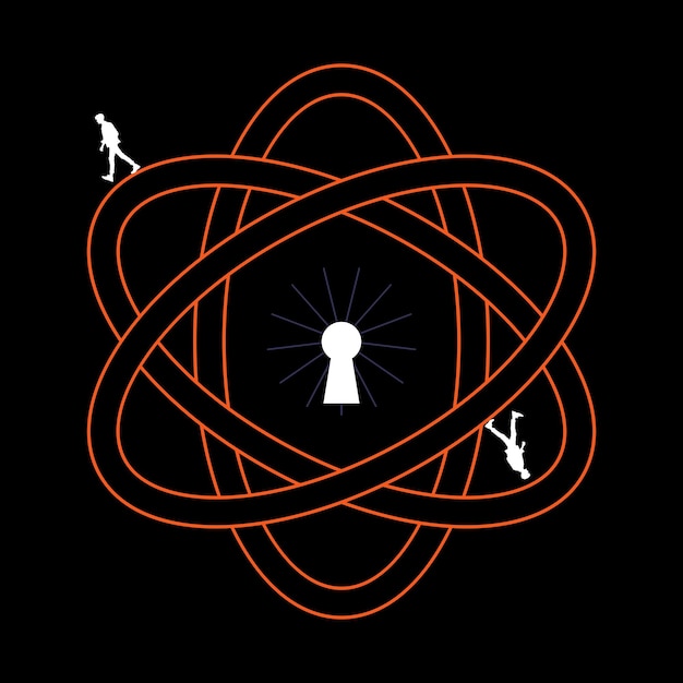 Vector de ilusión óptica espiral Futurista Composición Y2K Joven hombre caminando alrededor de la órbita