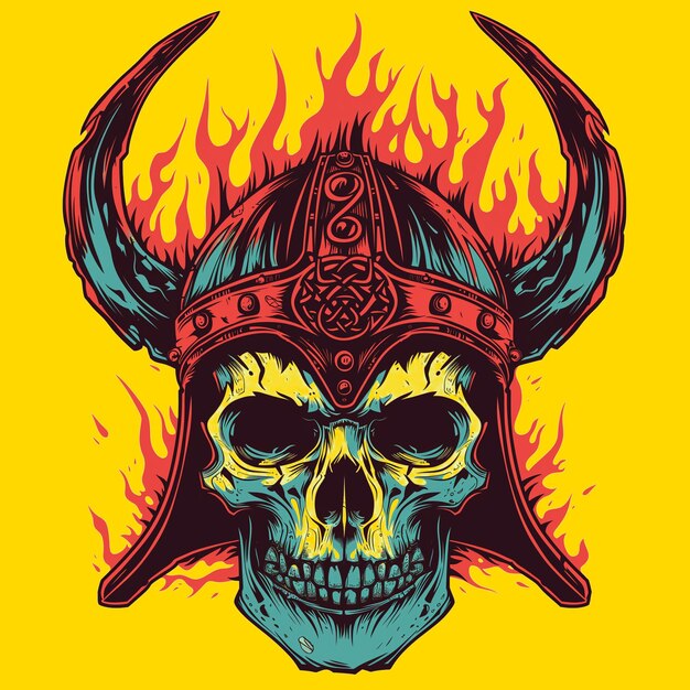 PSD vector libre de un cráneo con un casco vikingo hecho de fuego rojo en el estilo de colores vivos y agudos