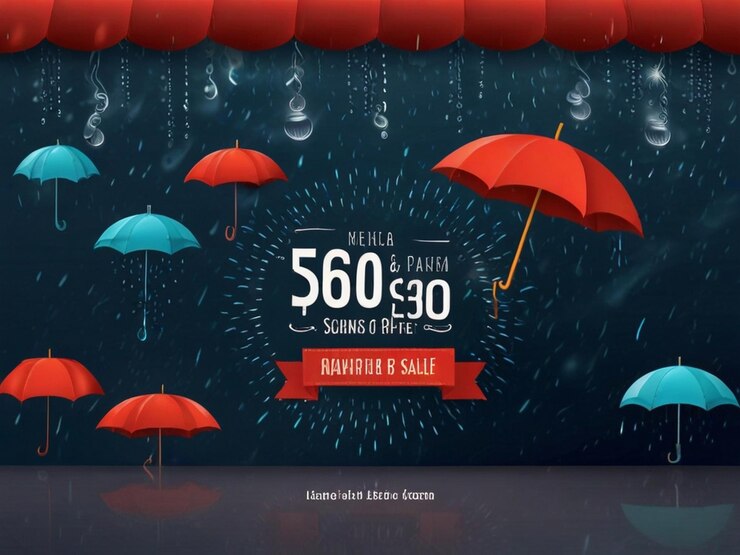 PSD vector libre de venta de la temporada de monzones fondo con paraguas