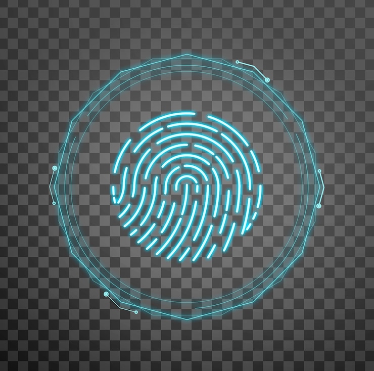 PSD vector de plantilla de tecnología de seguridad biométrica con escaneo de huellas dactilares en un fondo transparente