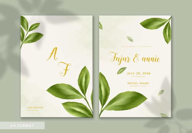 Vector premium de plantilla de invitación de boda de doble cara de hoja verde simple y elegante