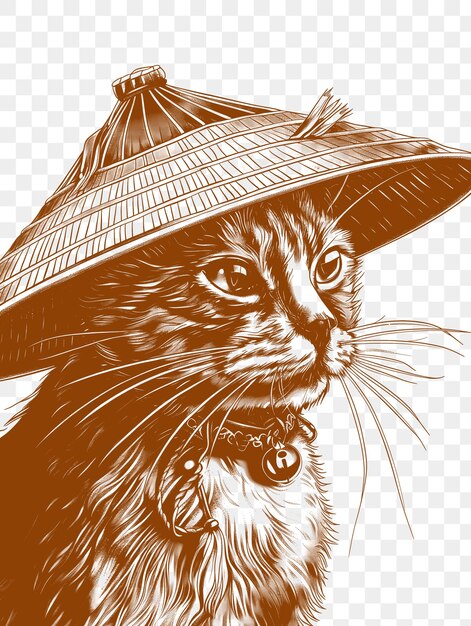 PSD vector psd d'un chat thaïlandais portant un chapeau traditionnel thaï avec une encre d'art de collage numérique culturel