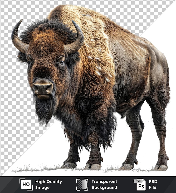 PSD vector psd transparente hiperealista de bisonte con cuernos curvos de pie en el frente