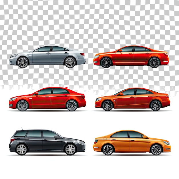 PSD vector realistic car collection incluye sedán rojo-negro y suvs naranja y verde y hatch naranja